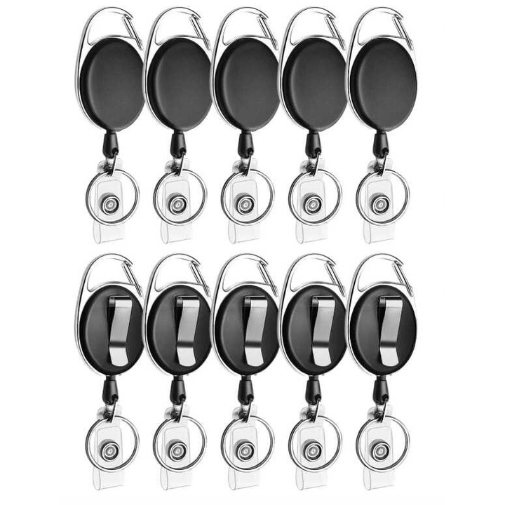 Set de 10 suporturi retractabile pentru ecusoane, cu carabina, clip pentru curea, inel pentru chei, suport pentru ID, negru, 66.5 cm
