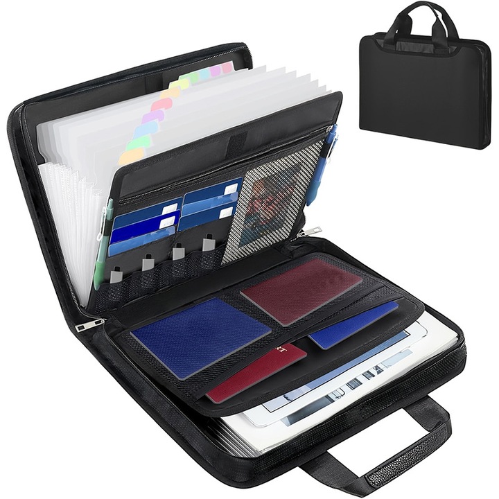 Organizator documente important, mapa expandabila cu 12 buzunare, rezistenta la foc, cu fermoar si etichete, pentru documente A4, neagra