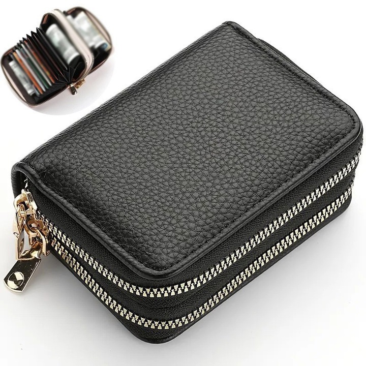 Portofel barbati, suport carduri cu fermoar dublu, design texturat, capacitate mare, negru