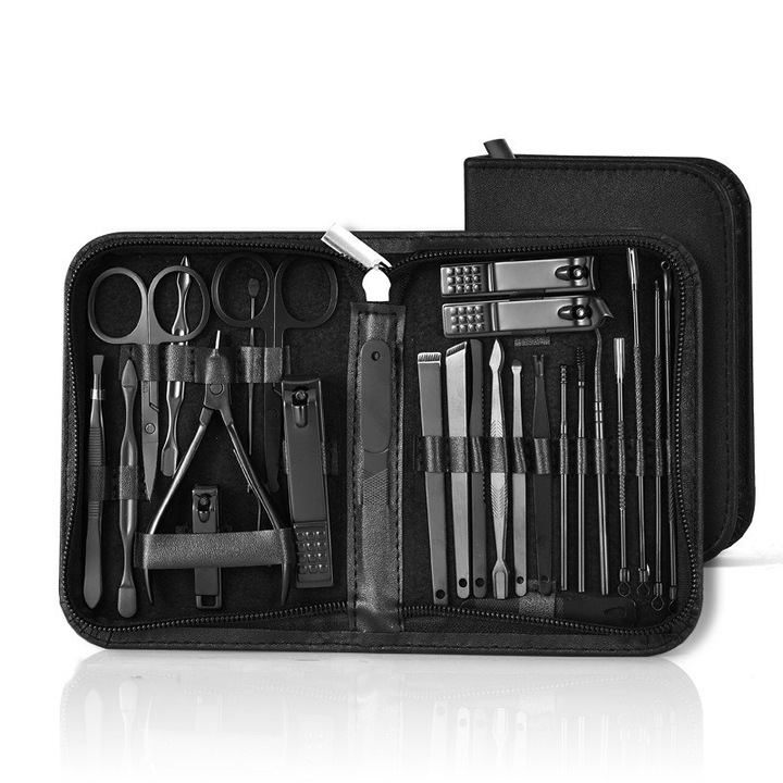 Set trusa manichiura si pedichiura 26 piese, unelte de ingrijire unghii, cutie de calatorie, negru