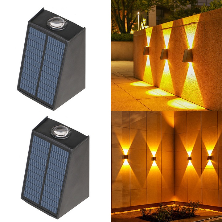 Lampa solara de perete, set 2 bucati, iluminare superioara si inferioara, rezistenta la apa, galbena