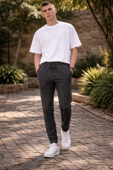 Pantaloni bărbați casual, gri închis, talie elastică cu șnur, fit confortabil, mărimea 36 EU