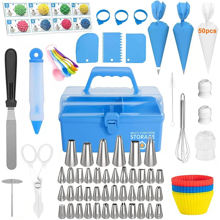 Set ustensile ornare prajituri, 121 piese, cutie de depozitare, unelte din otel inoxidabil, plastic si silicon