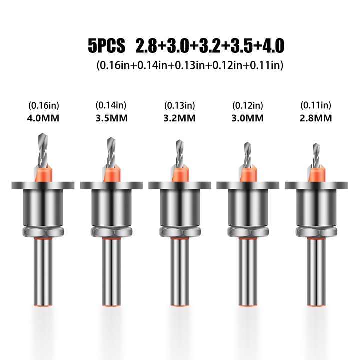 Set de 5 burghie cu cap conic 8mm, aliaj YG8, otel carbon 45#, pentru lemn