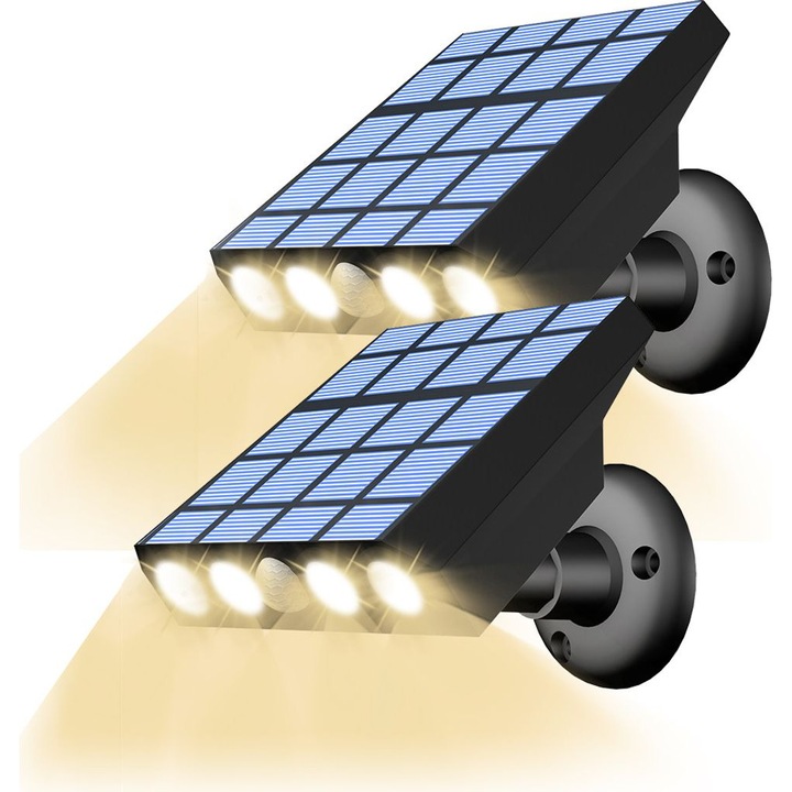 Lampa solara de perete, 2 bucati, LED, 3 moduri de iluminare, rezistenta la apa, alb cald