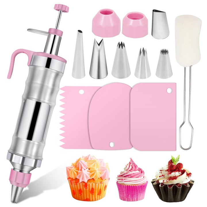 Set de 13 ustensile pentru decorat prajituri, 8 duze, 3 raclete, 1 perie, roz
