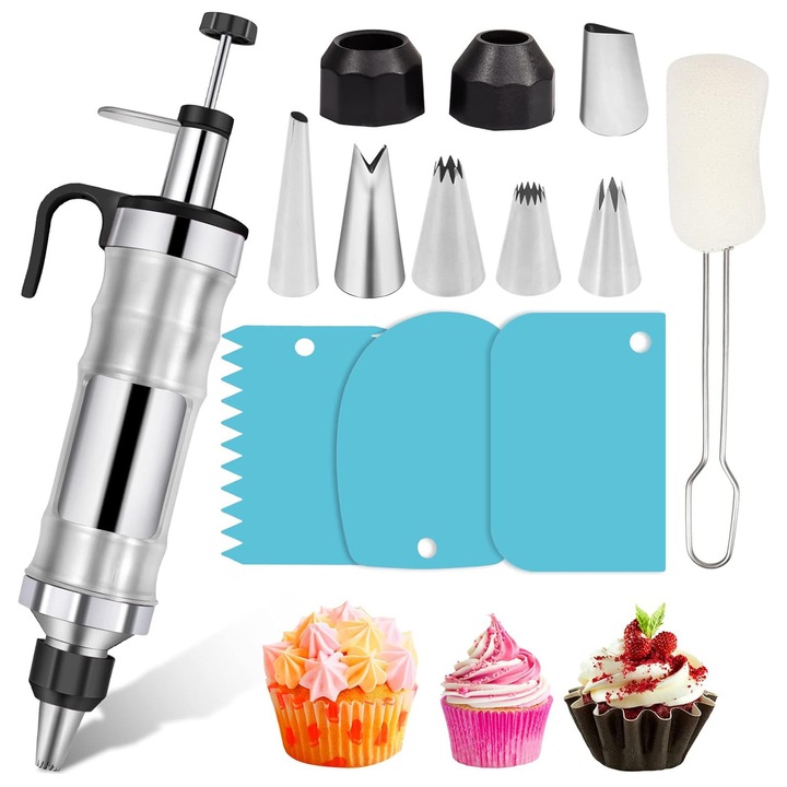 Set de 13 ustensile pentru ornarea prajiturilor, 8 duze, 3 raclete, negru