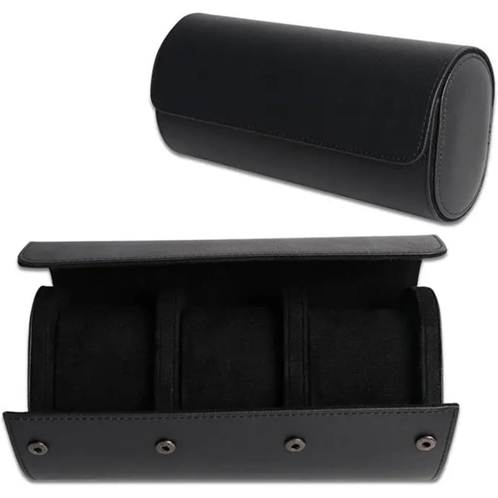 Cutie de depozitare pentru ceasuri, organizator de calatorie din piele PU, 3 sloturi, neagra