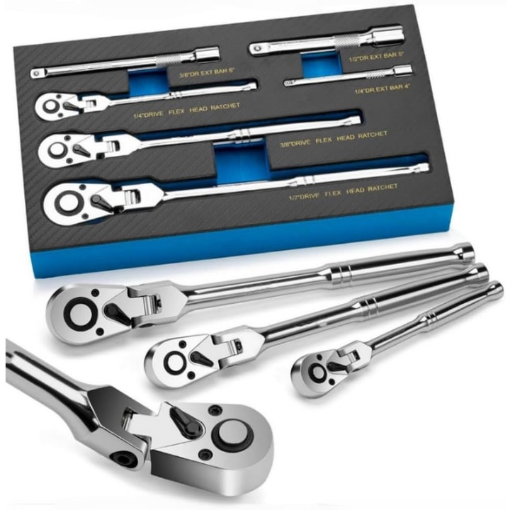 Set de chei cu cap flexibil, 6 piese, 1/4 inch, 3/8 inch, 1/2 inch, 72 dinti, 180 grade ajustabil, maner ergonomic
