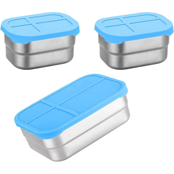 Set cutii alimentare din otel inoxidabil, 3 piese, design etans, potrivit pentru calatorii, scoala si birou, sigur pentru microunde - albastru