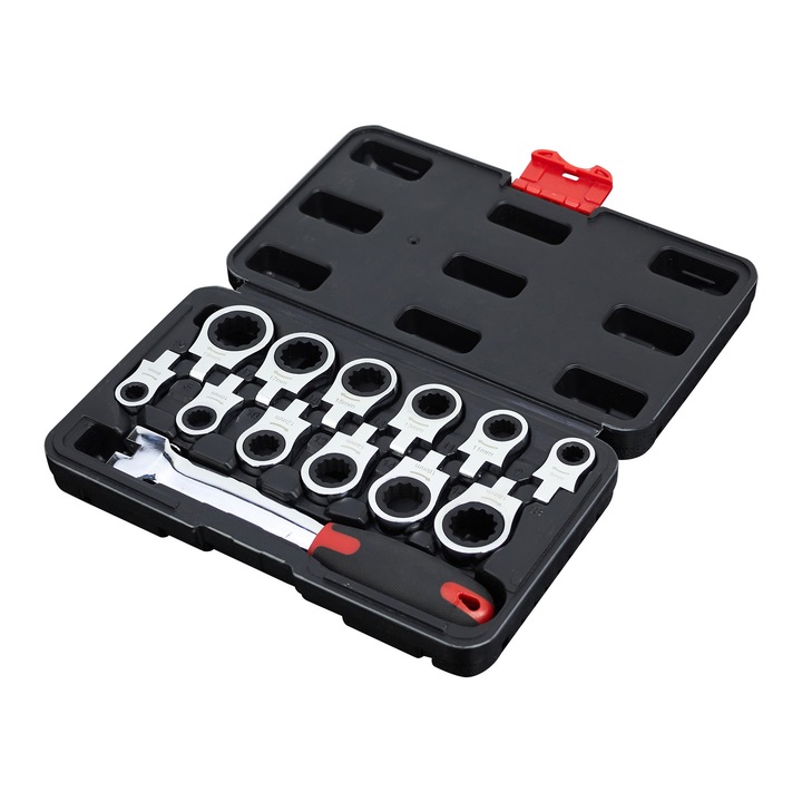 Set de chei cu ratchet, 12 piese, 8-19mm, din otel crom vanadiu, pentru reparatii auto si mecanice
