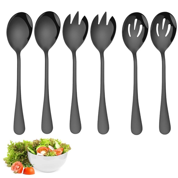 Set tacamuri salata, 6 piese, inox, design elegant, 19.8x4.5cm, negru
