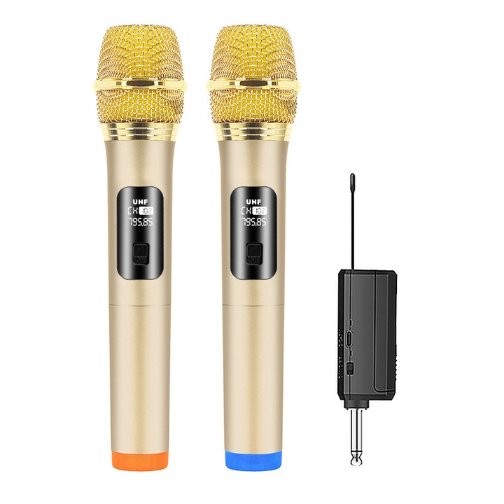 Microfon wireless, dual, cu receiver reincarcabil, plug and play, pentru karaoke, petreceri, intalniri, nunti, aur