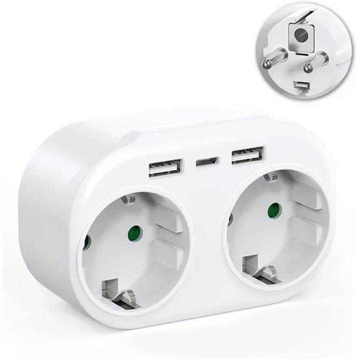Prelungitor cu USB+C, adaptor de perete, port de incarcare, compact, alb