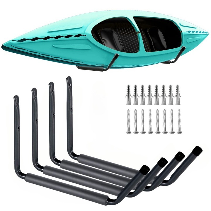 Suport usor pentru depozitarea caiacului, din 4 piese, cu carlige de perete pentru caiac, potrivit pentru canoe, placi de surf, schiuri, paddleboard-uri si scari