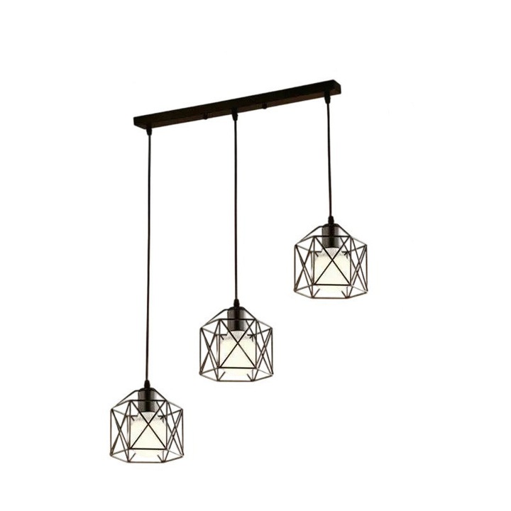 Lustra cu 3 lampi, design industrial, cadru metalic negru, baza E27, dimensiuni ajustabile