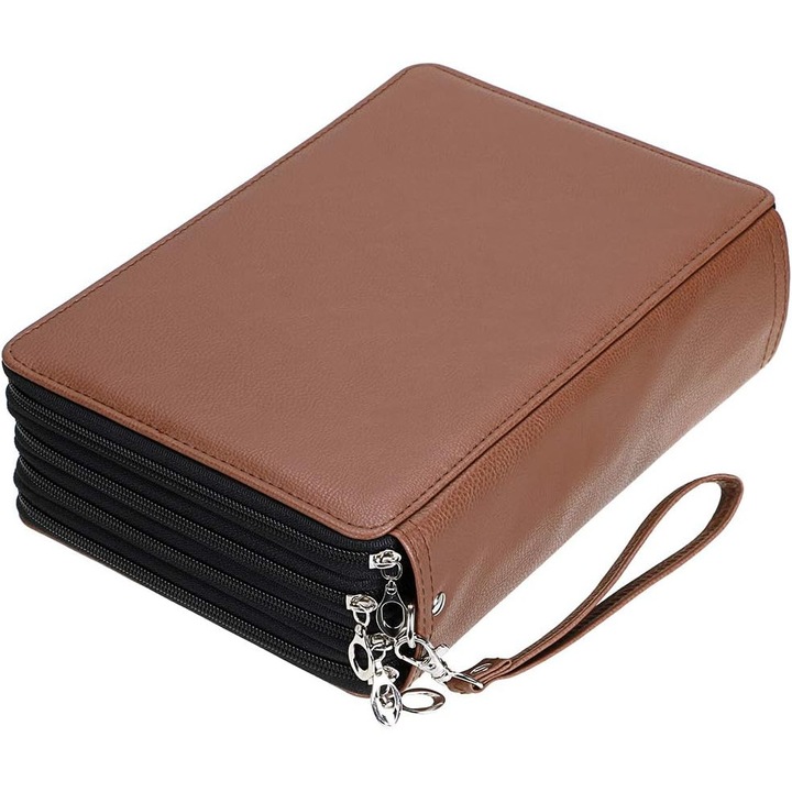 Penare, 200 compartimente, design portabil, culoare maro, pentru creioane colorate si acuarele