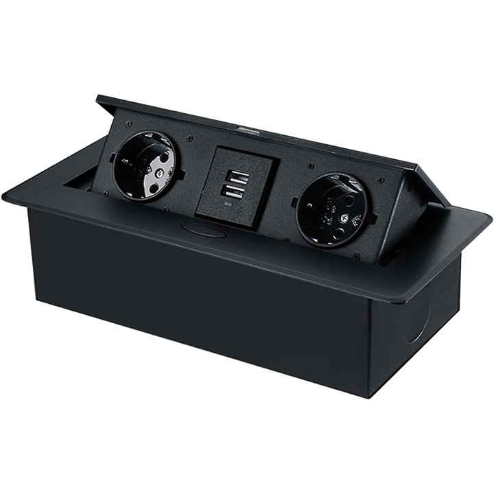 Priza multifunctionala incorporata, 2 prize AC + 2 porturi USB, dimensiuni 26.5x11.8x6.7cm, neagra