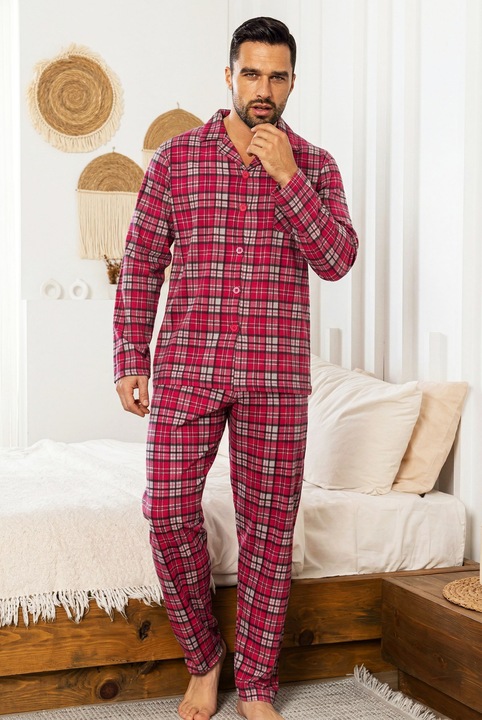 Pijama barbati 100% bumbac, StarFashion, bluza cu nasturi si maneca lunga, cu pantaloni lungi, Rosu