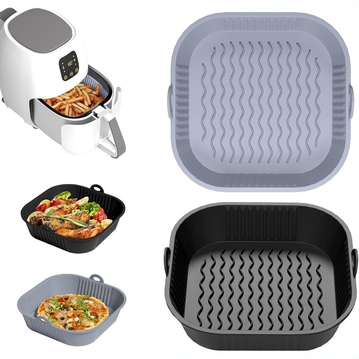 Set de tavite din silicon pentru airfryer, 2 bucati, 21 cm, negru si gri, reutilizabile, design cu margine ridicata
