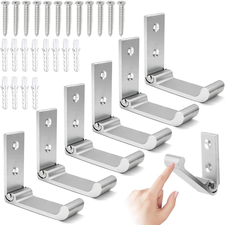 Cuiere pliabile, set 6, montare pe perete, aluminiu, rezistente, argintii