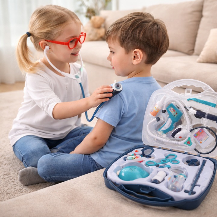 Set Doctor Copii, 13 accesorii cu sunet și lumină, valiză portabilă 30x27x8cm, Multicolor