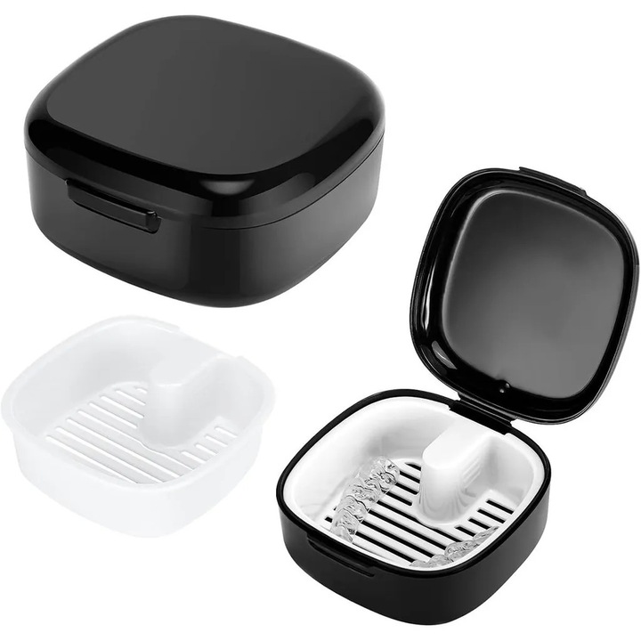 Cutie de depozitare si curatare 2 in 1, neagra, pentru aparate dentare, proteze si retentii, set de 2 piese