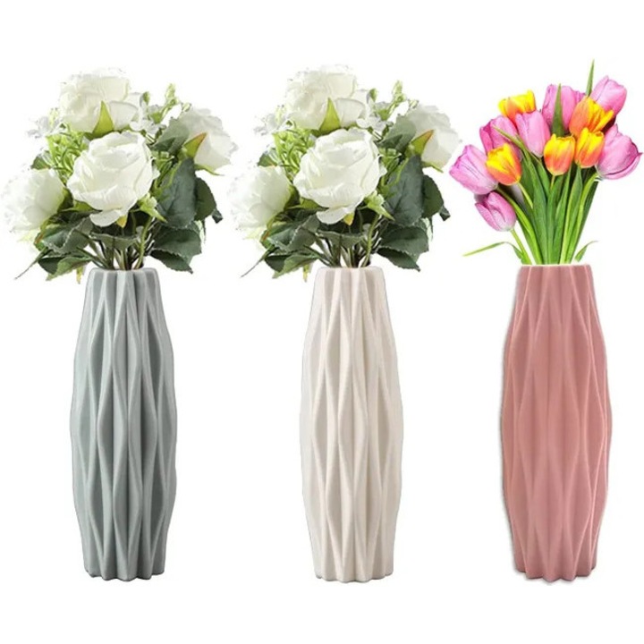 Set de 3 vaze decorative din plastic, design nordic minimalist, 21x7cm, multicolor