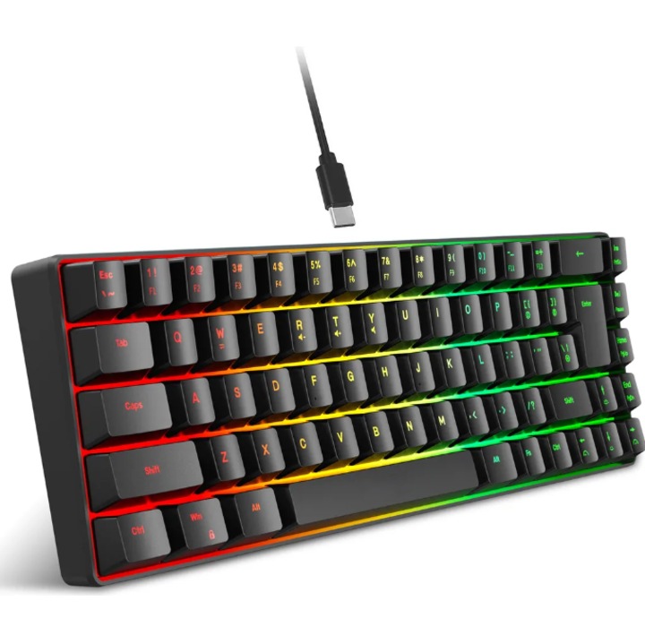 Tastatura mini RGB cu fir, 68 taste, iluminare multicolor, portabila, neagra