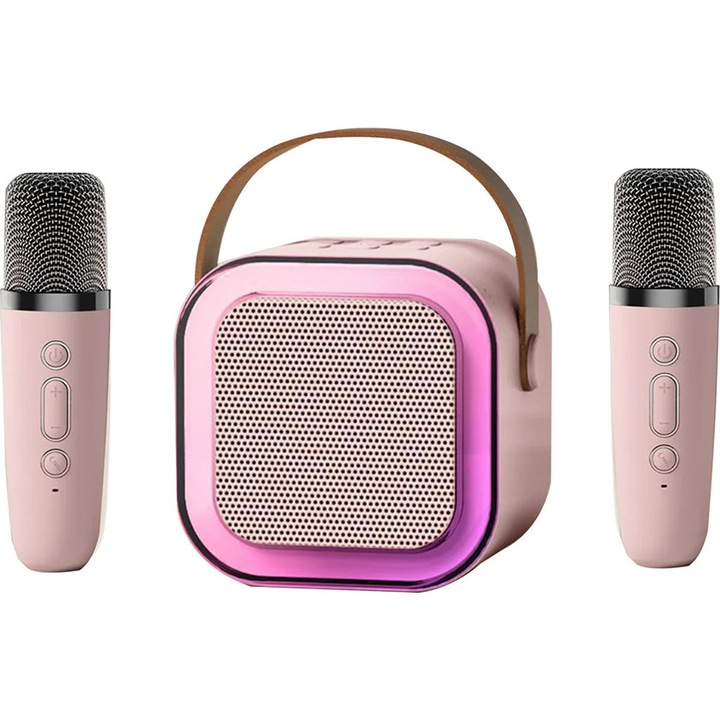 Microfon karaoke cu difuzor Bluetooth, iluminare RGB, set de 1 pereche, roz