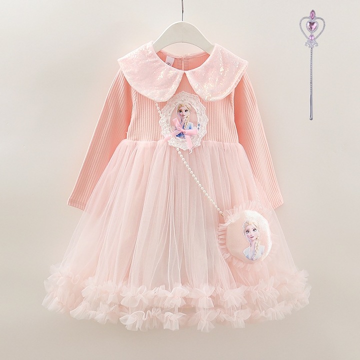 Costum de printesa Elsa pentru copii, rochie din tulle, roz, 130cm, set cu geanta