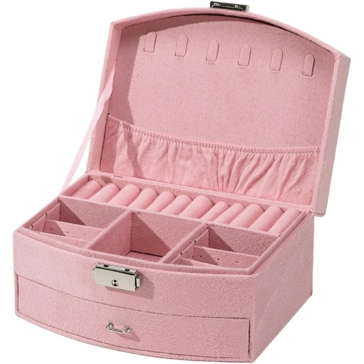 Cutie bijuterii, organizator cu compartimente, roz, cu lacat