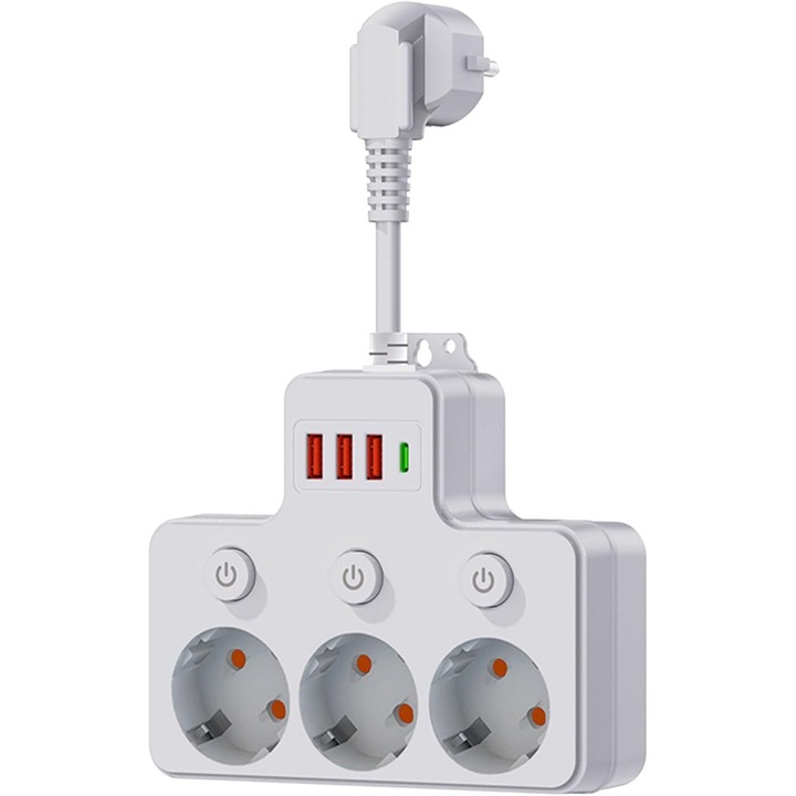 Prelungitor cu USB, 3 prize, 3 porturi USB, lumina de noapte, alb, standard european