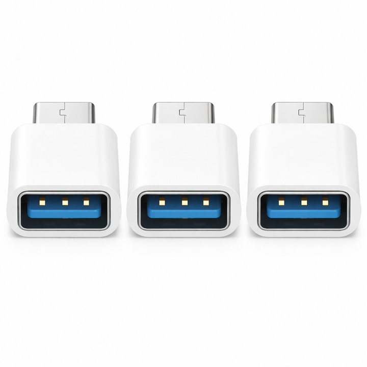 Set 3 Adaptoare Bervolo® OTG USB Type-C la USB Type-A 3.0, Fast Charging, Alb
