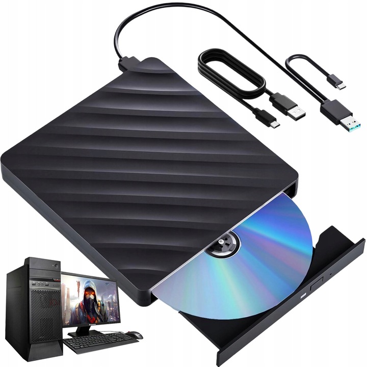 Külső optikai meghajtó CD-RW, Blu-ray olvasó 5 az 1-ben, fekete, USB 3.0/Type-C kábel mellékelve