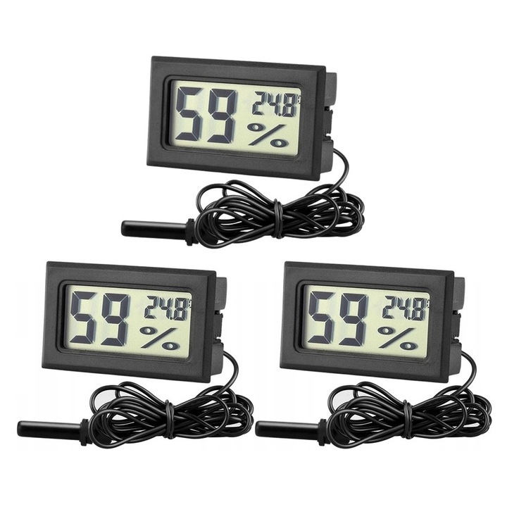 Set de trei termometre și higrometre digitale cu sondă externă 1TECH TX-03, pentru casă, birou, incubator, terariu, negru