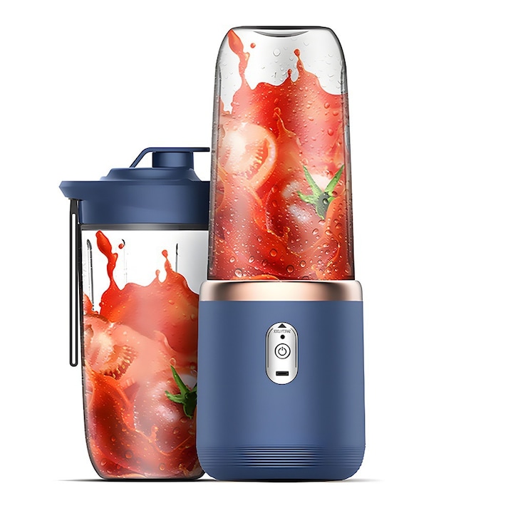 Blender portabil fara fir, 400ml, cu doua cani, motor puternic, roz