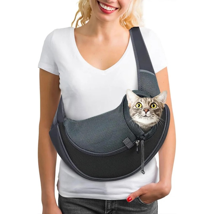 Rucsac portabil pentru animale de companie, negru, design respirabil, cu curea ajustabila, dimensiuni 30x45cm