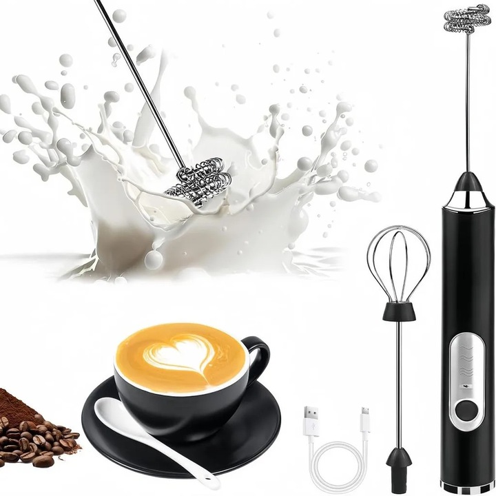 Frother electric pentru lapte, 3 viteze ajustabile, 2 capete de spumare, negru