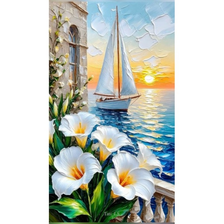 Pictură pe numere Art-hobby, Barcă cu pânze la apus, 11827, dimensiune 30x50 cm, peisaj marin