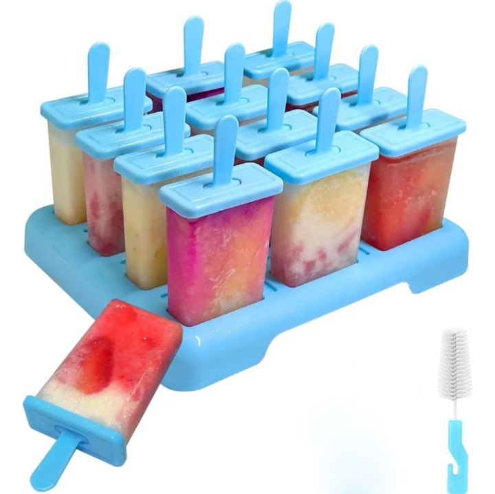 Set 12 forme de inghetata reutilizabile, cu perie si palnie din silicon, multicolor