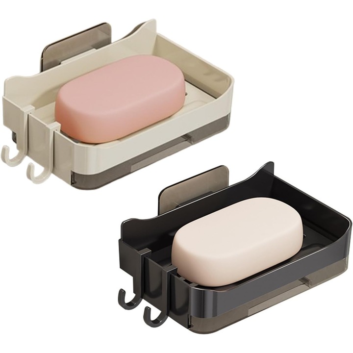 Set suport pentru sapun cu tava de scurgere, montare pe perete, alb si gri, dimensiuni 30x15cm