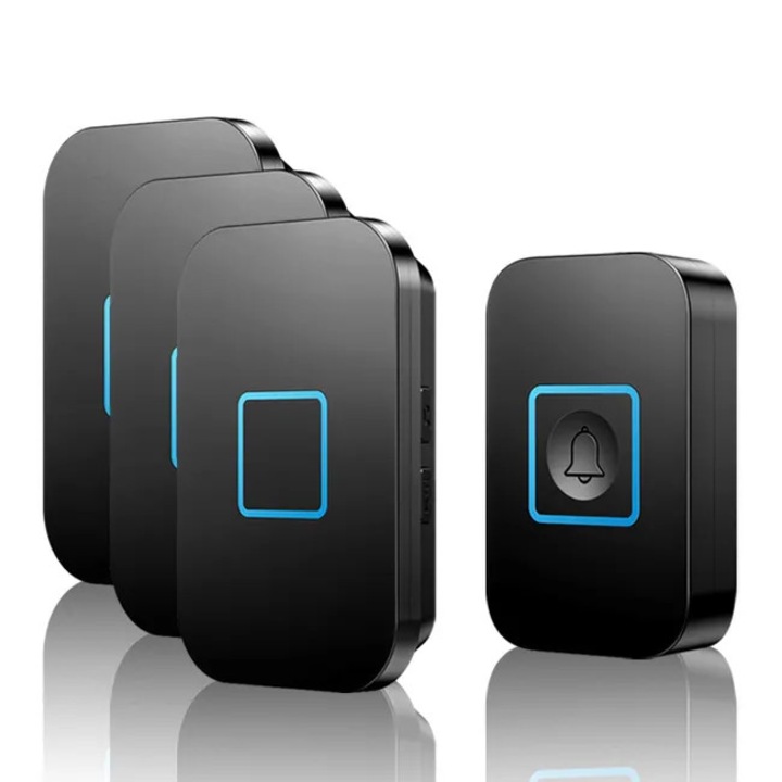 Sonerie wireless, impermeabila, 60 tonuri, 5 niveluri de volum, set cu un transmitter si trei receptoare, negru