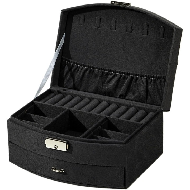 Cutie bijuterii, organizator cu compartimente, capacitate mare, neagra, cu lacat