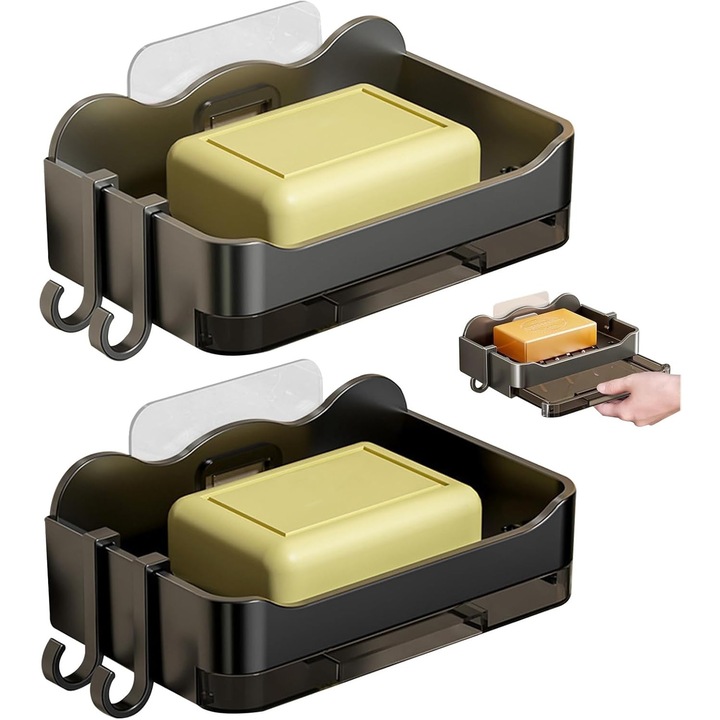 Set suporturi de baie pentru sapun, cu montare fara gauri, drenaj, 13.3x4.1x8.3cm, negru si gri