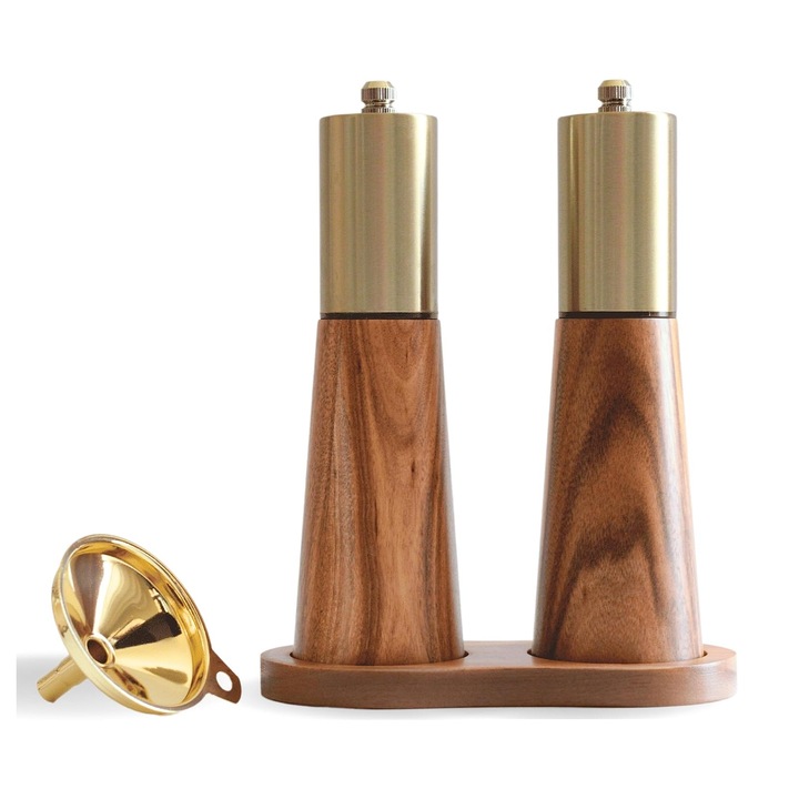 Set rasnite condimente aurii cu baza din lemn, funel auriu, rasnita manuala din otel inoxidabil, ajustare grosime, pentru bucatarie