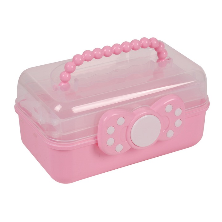 Cutie depozitare multifunctionala cu 3 straturi, portabila, transparenta, roz, pentru arta si craft, cu manere