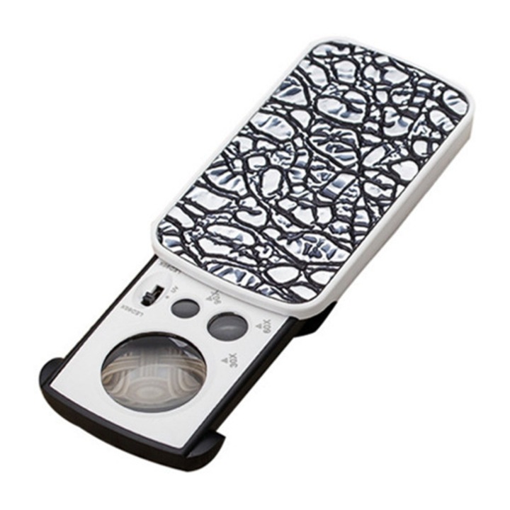 Lupa multifunctionala cu 3 niveluri de marire 30x, 60x, 90x, iluminare LED si lumina UV, design pliabil, argintie