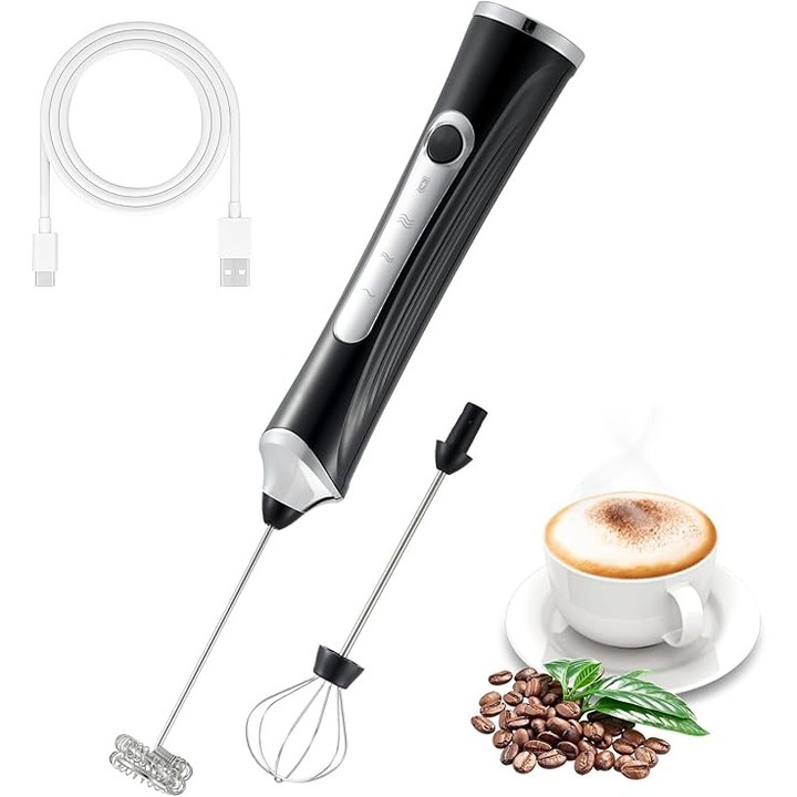 Frother electric de mana cu 2 capete de spumare, incarcare USB, 3 viteze, negru