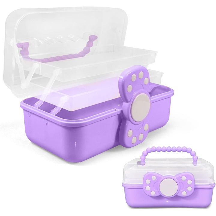 Cutie depozitare multifunctionala cu 3 straturi, transparenta, portabila, cu manere, pentru arta si craft, culoare mov